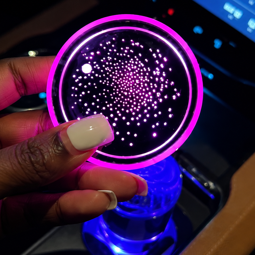 Paire de tapis lumineux LED pour porte-gobelet, effet ciel étoilé blanc et rose