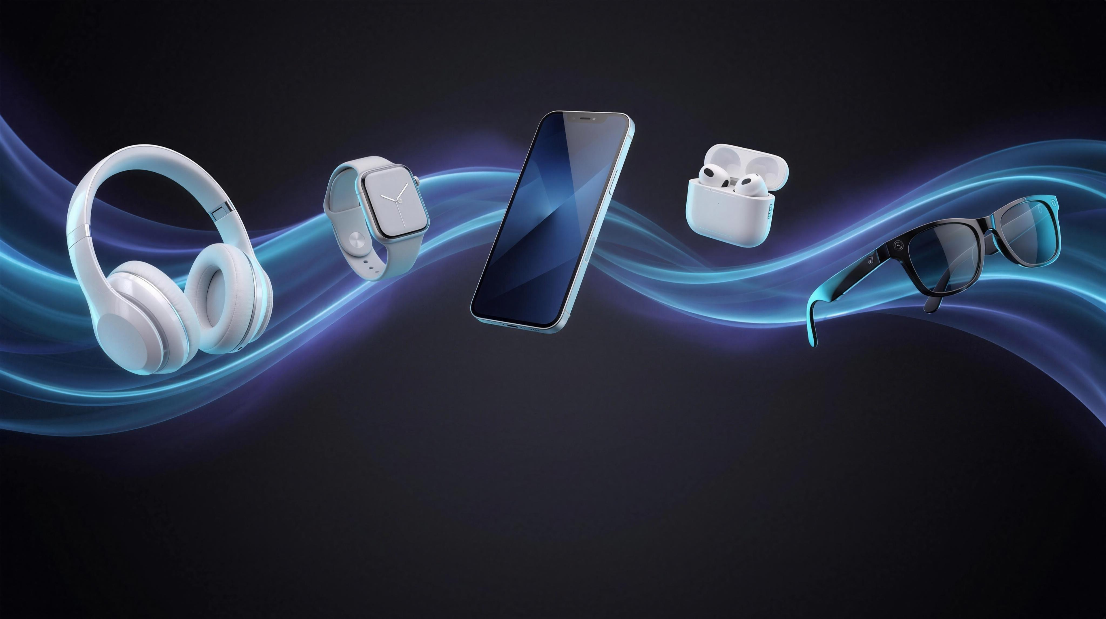 Bannière hero dark premium - produits tech flottants sur vagues bleu électrique