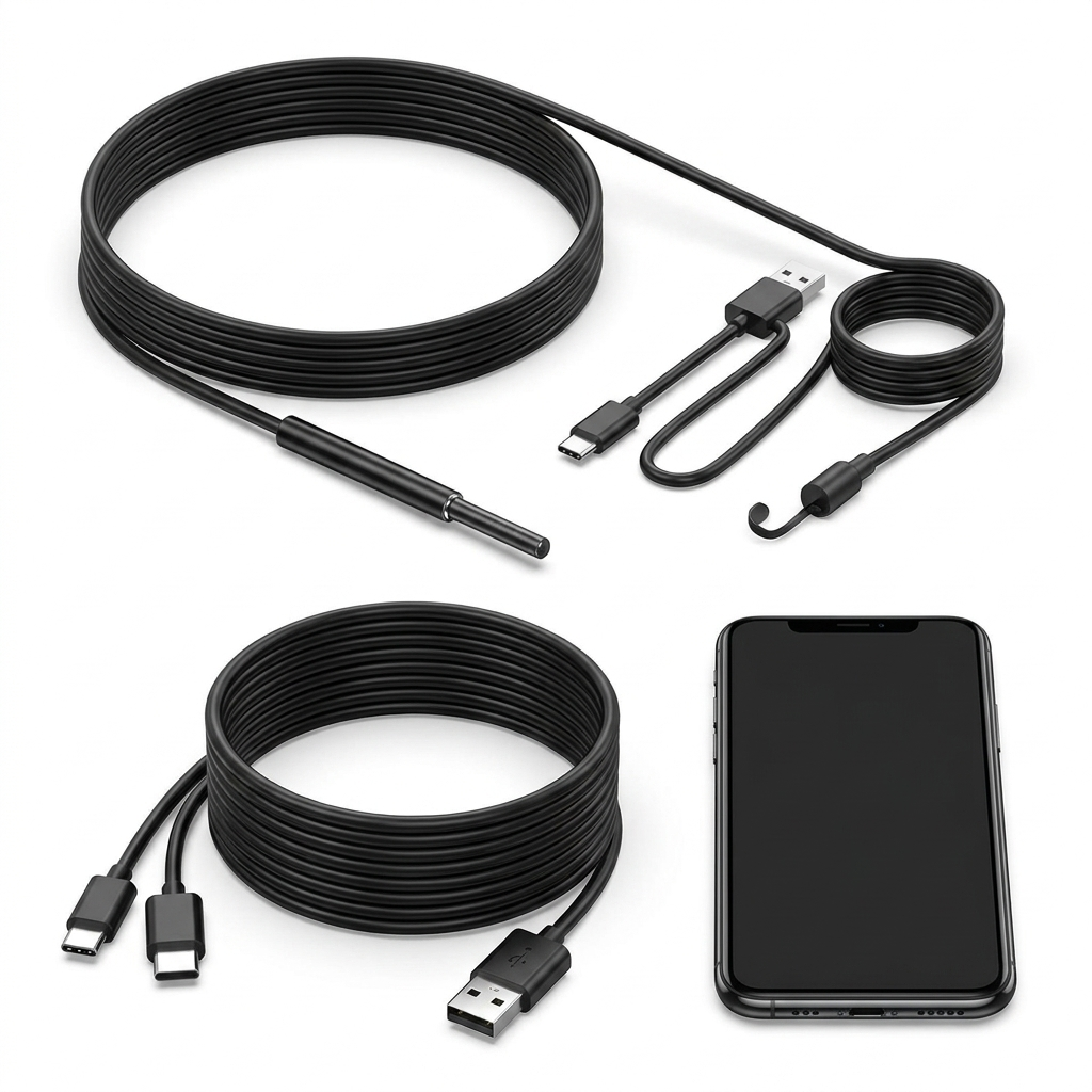 Caméra endoscopique 7mm IP67 avec sa boîte et ses accessoires (crochet, aimant, adaptateur USB-C)