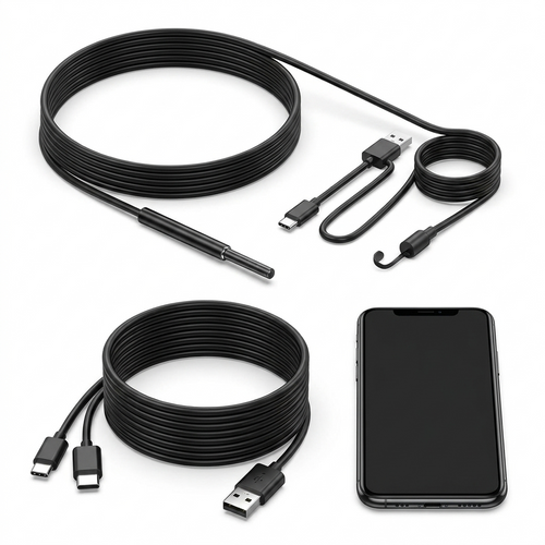 Caméra endoscopique 7mm IP67 avec sa boîte et ses accessoires (crochet, aimant, adaptateur USB-C)