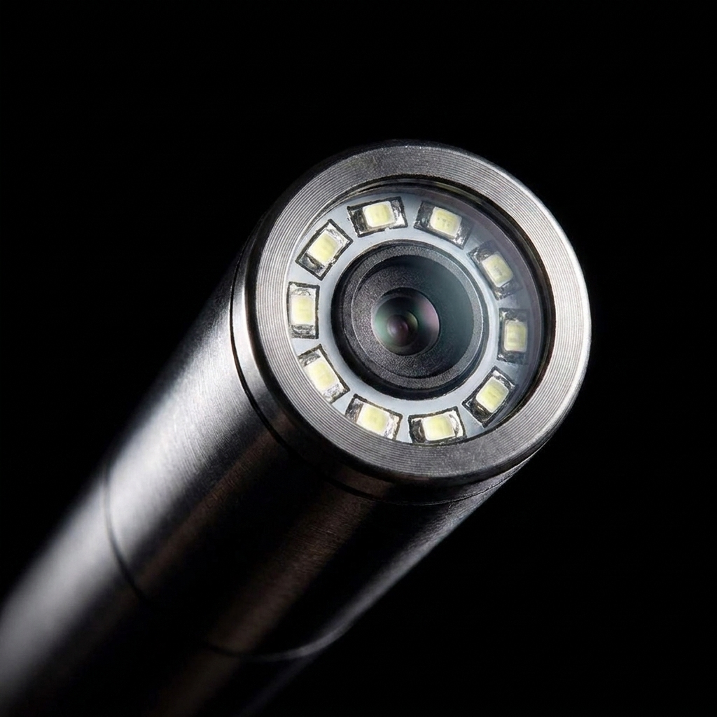 Gros plan macro sur la sonde 7mm et les 6 LED de la caméra endoscopique