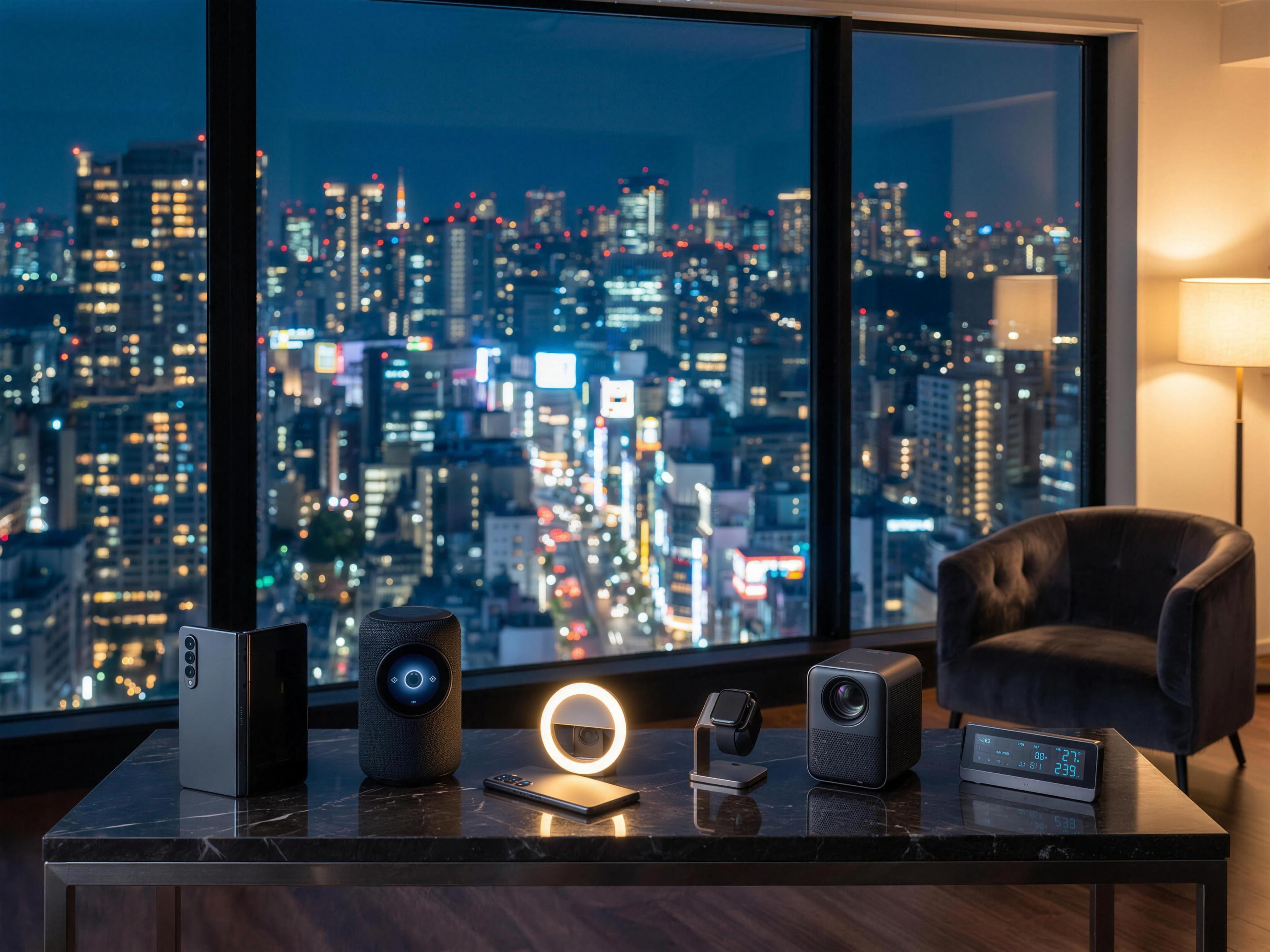 Produits tech premium sur console marbre avec skyline de Tokyo la nuit